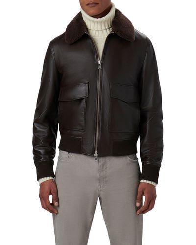 Bugatchi Leather Bomber Jacket With Removable Genuine Shearling Collar - Black