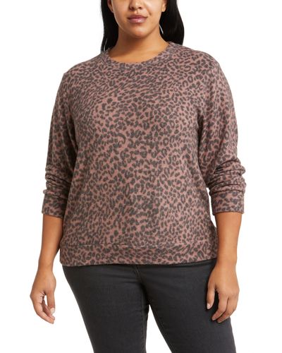 Loveappella Loveapella Brushed Leopard Print Long Sleeve Crewneck Top - Brown