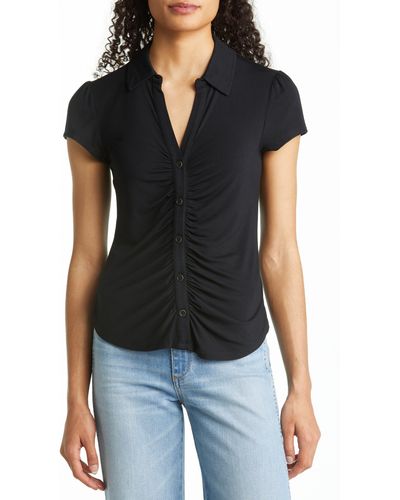 Sanctuary Dream Shirred Placket Knit Button-up Shirt - Black