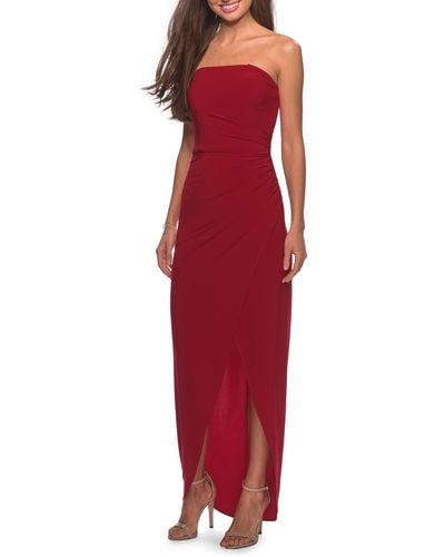 La Femme Strapless Ruched Soft Jersey Gown - Red