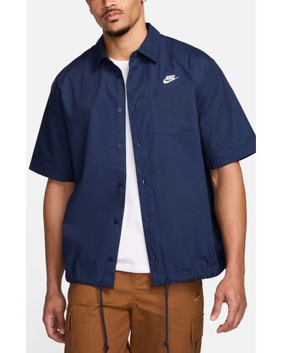 Nike Club Venice Short Sleeve Drawstring Hem Cotton Button-up Shirt - Blue
