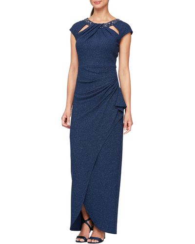 Sl Fashions Sparkle Knit Sheath Gown In Navy At Nordstrom Rack - Blue