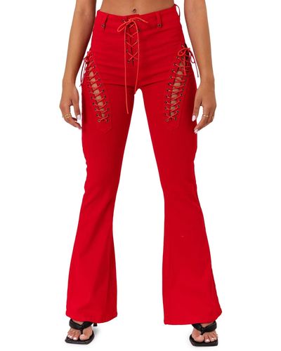 Edikted Engine Lace-up High Waist Flare Jeans At Nordstrom - Red
