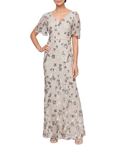 Alex Evenings Sequin Embroidered Flutter Sleeve Sheath Gown - Multicolor