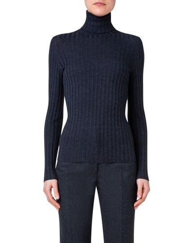 Akris Rib Wool & Silk Turtleneck Sweater - Blue