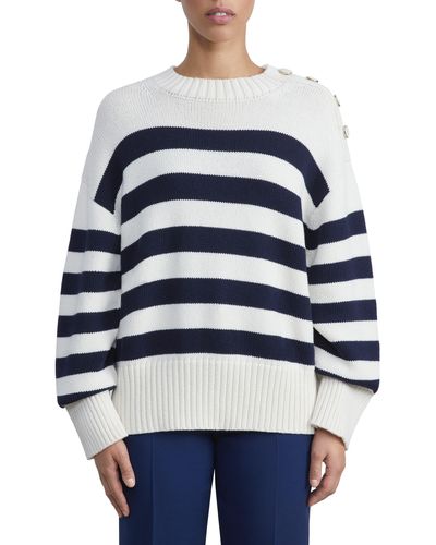 Lafayette 148 New York Nautical Stripe Wool & Cotton Sweater - Blue