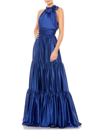 Mac Duggal Bow Detail Tiered Satin A-line Gown - Blue