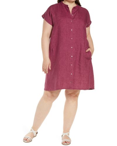 Eileen Fisher Band Collar Cap Sleeve Organic Linen Shirtdress - Red