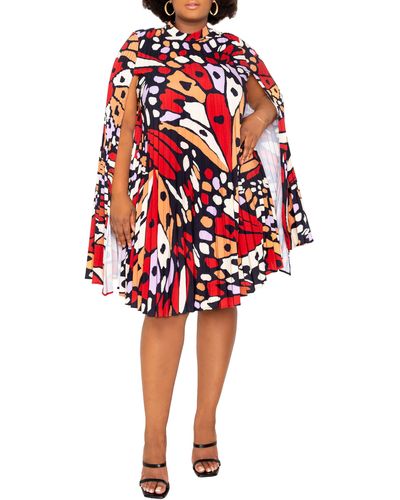 Buxom Couture Butterfly Print Pleated Cape Minidress - Red