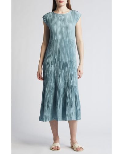 Eileen Fisher Pleated Tiered Silk Midi Dress - Blue