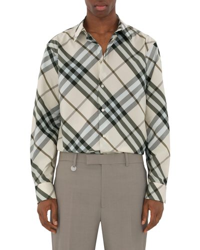 Burberry Oversize Check Cotton Button-up Shirt - Gray