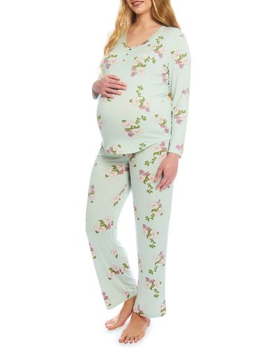 Everly Grey Laina Jersey Long Sleeve Maternity/nursing Pajamas - Blue