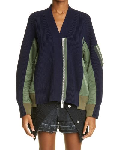 Sacai Hybrid Wool & Nylon Twill Ma-1 Sweater Jacket - Blue
