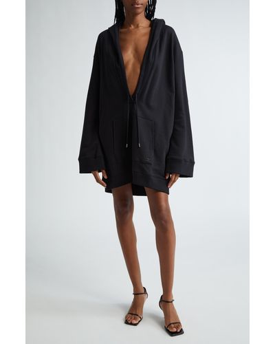 Courreges Hyperbole Hooded Plunge Neck Cotton Fleece Sweatshirt Dress - Black