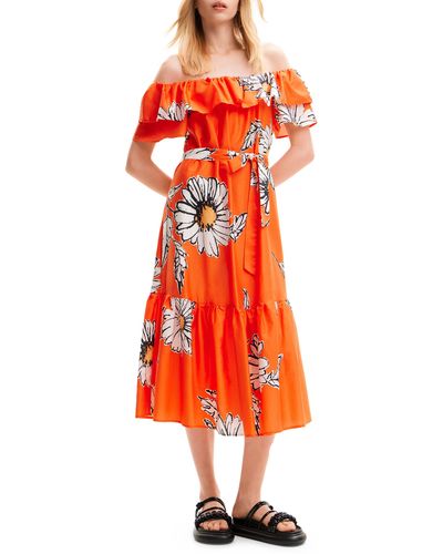 Desigual Georgeo Floral Off The Shoulder Tie Belt Midi Dress - Orange