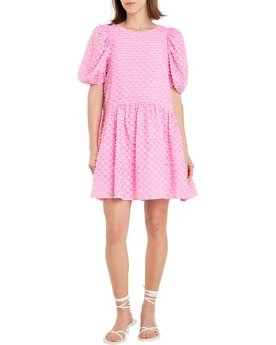 English Factory Check Puff Sleeve Babydoll Minidress - Pink