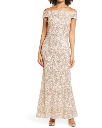 Vince Camuto Sequin Floral Off The Shoulder Sheath Gown - Natural