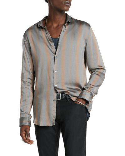 John Varvatos Slim Fit Stripe Lyocell & Silk Button-up Shirt - Gray