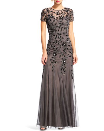 Adrianna Papell Floral Embroidered Beaded Trumpet Gown - Brown