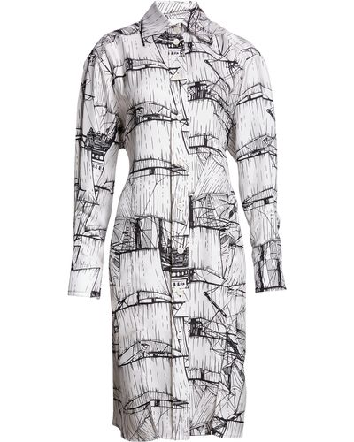 Ferragamo Sailboat Print Long Sleeve Silk Shirtdress - Gray