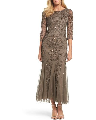 Pisarro Nights Illusion Sleeve Beaded A-line Gown - Natural