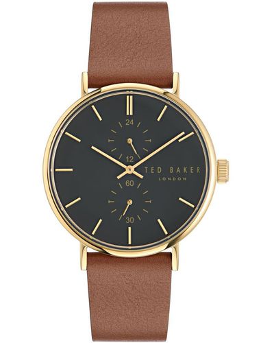 Ted Baker Recycled Stainless Steel Leather Strap Watch - Brown