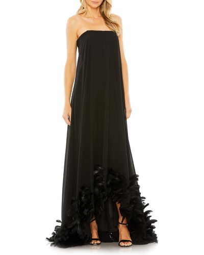 Mac Duggal Strapless Feather Hem High Low Gown - Black