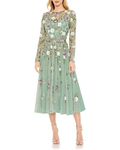 Mac Duggal Sequin Floral Long Sleeve Mesh Dress - Green