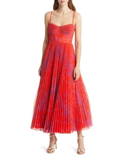 Hutch Amara Floral Bustier Pleated Fit & Flare Dress - Red