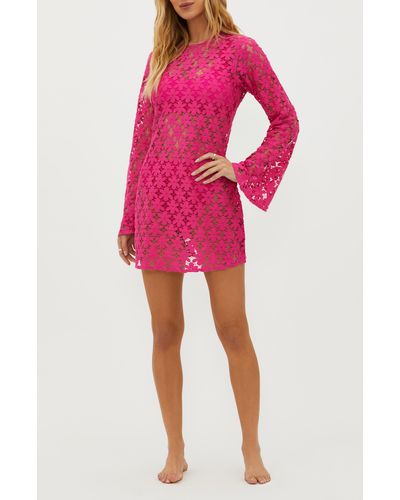 Beach Riot Goldie Lace Long Sleeve Cotton Blend Cover-up Dress - Pink