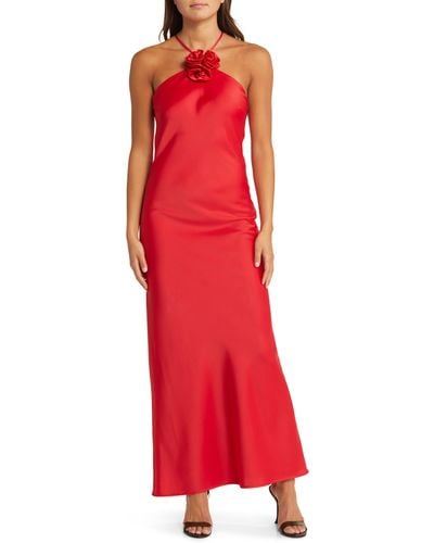 Wayf The Adele Rosette Satin Gown - Red