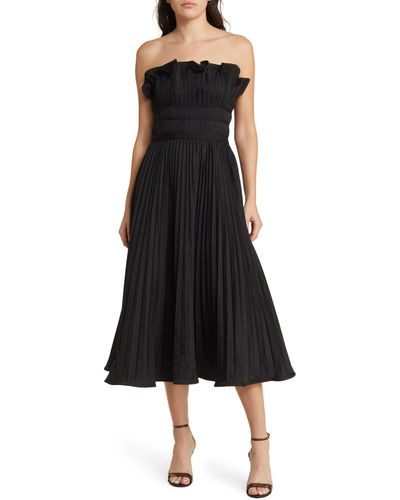 Moon River Strapless Pleated Midi Dress - Black