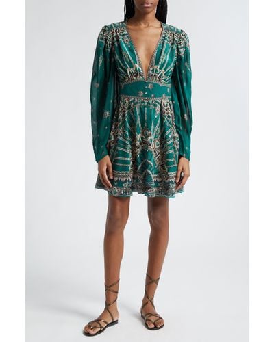 Camilla Camill Print Crystal Embellished Long Sleeve Silk Dress At Nordstrom - Green