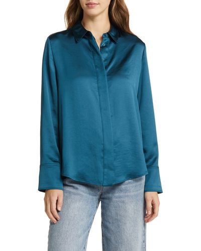 Nordstrom Oversize Satin Button-up Top - Blue