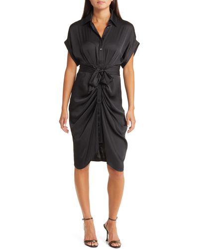 Steve Madden Alicia Ruched Tie Front Shirtdress - Black