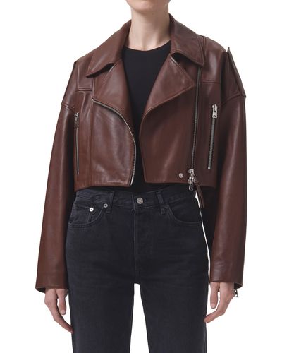 Agolde Remi Crop Leather Biker Jacket - Brown
