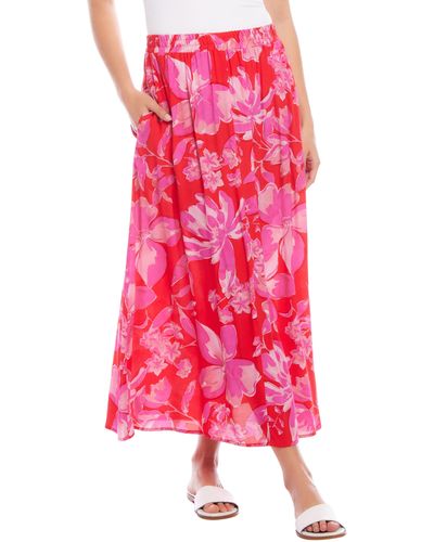 Karen Kane Floral Pleated Midi A-line Skirt - Red