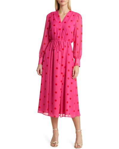 Anne Klein Polka Dot Long Sleeve Midi Dress - Pink