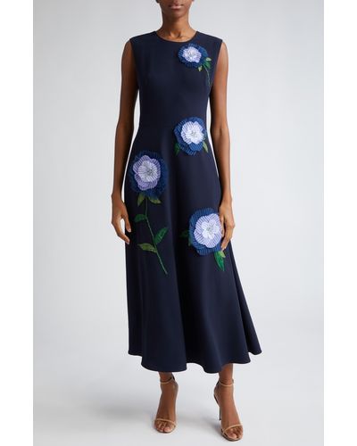 Lela Rose 3d Floral Appliqué Sleeveless Midi Dress - Blue