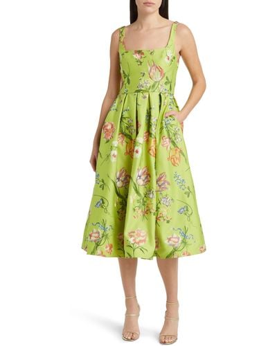 Marchesa Embroidered Sleeveless Fit & Flare Dress - Green