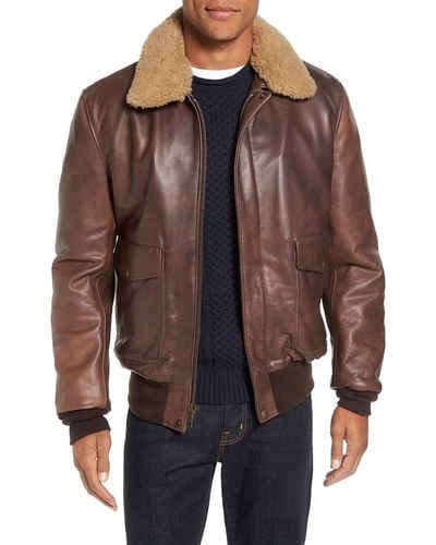 Schott Nyc Cowhide Bomber Jacket With Genuine Shearling Collar - Brown