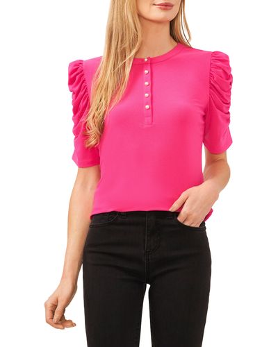 Cece Ruched Puff Sleeve Henley Top - Pink