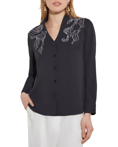Misook Abstract Embroidered Button-up Shirt - Black