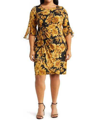 Connected Apparel Floral Knit Faux Wrap Dress - Yellow