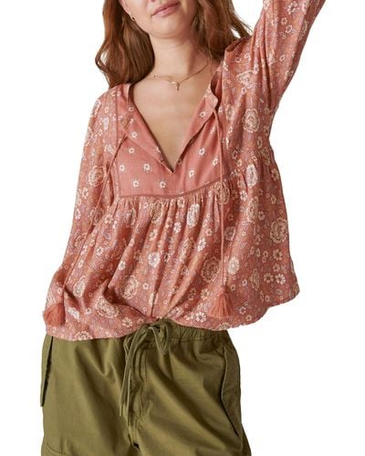 Lucky Brand Floral Print Long Sleeve Peasant Blouse - Red