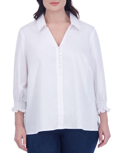 Foxcroft Alexis Smocked Cuff Sateen Popover Top - White