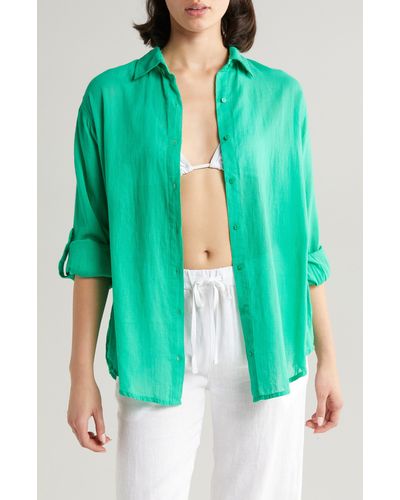 Elan Cotton Button-up Cover-up Shirt - Green