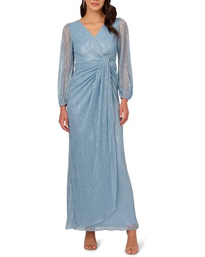 Adrianna Papell Metallic Long Sleeve Mesh Evening Gown - Blue