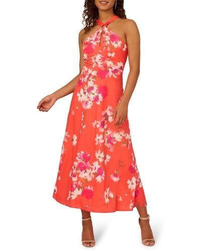 Adrianna Papell Floral Halter Neck Chiffon Dress - Red