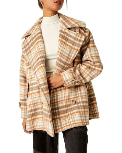 Free People Highlands Plaid Double Breasted Peacoat - Natural